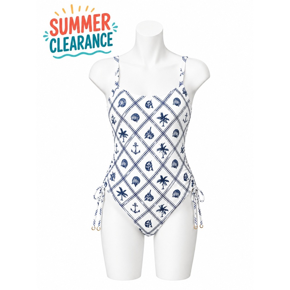 Shade & Shore Nautical One Piece Swimsuit L 12-14 Shell Anchor Print NWT